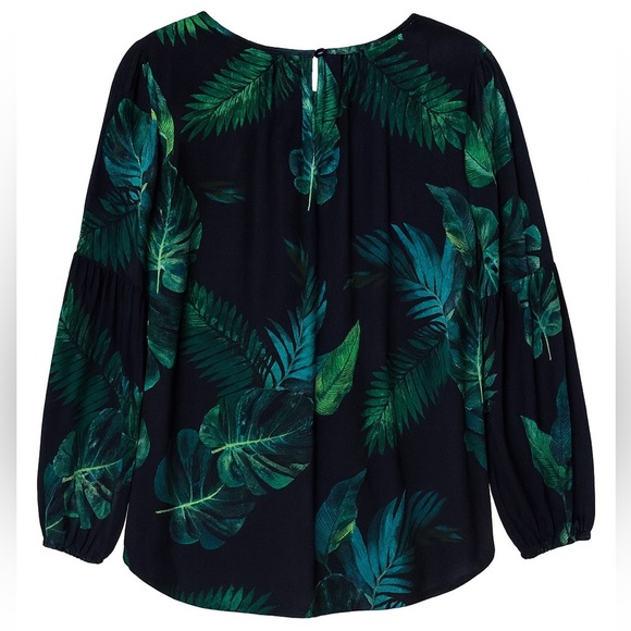 New Old Navy Tropical Leaf Print Long Sleeve Blouse Black Green Resort Top XS - Picture 3 of 5